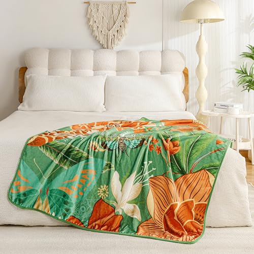 Tyrot Sage Green Boho Floral Flannel Fleece Queen Blanket – Soft, Warm & Lightweight Fuzzy Blanket for Couch, Bed, or Sofa Decor, Cute Botanical Design Throw for Women & Girls, 90''x90'' - color: Sage Bloom, size: Queen(90''x90'')
