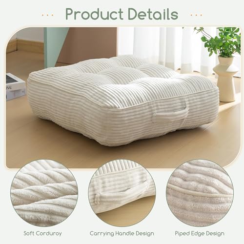 HIGOGOGO 6" Extra Thick Floor Pillow Cushion for Adults, Meditation Cushion Pillow, Large Square Floor Sitting, Tufted Corduroy Cover, for Tatami Living Room or Yoga, 22x22 Inch, 2Pack, Beige - color: Square Beige, size: 6" Thick(Pack of 2)
