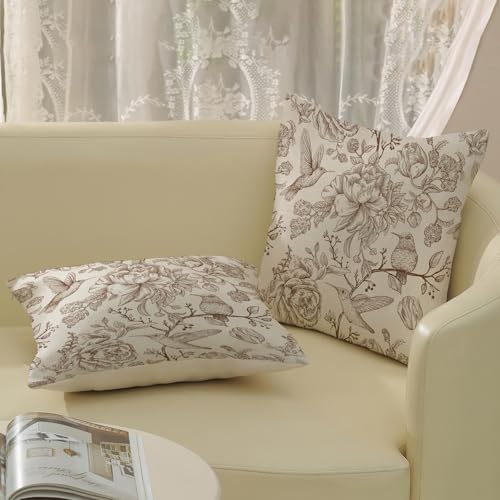 Chinoiserie Brown Throw Pillow Covers 18x18 Inch 2 Pcs Vintage Brown Floral Bird Outdoor Decor Pillow Covers Flower Spring Fall Seasonal Decorative Pillowcase Linen Cushion Cover for Couch Sofa - color: Brown Floral Bird, size: 18" x 18" (Pack of 2)