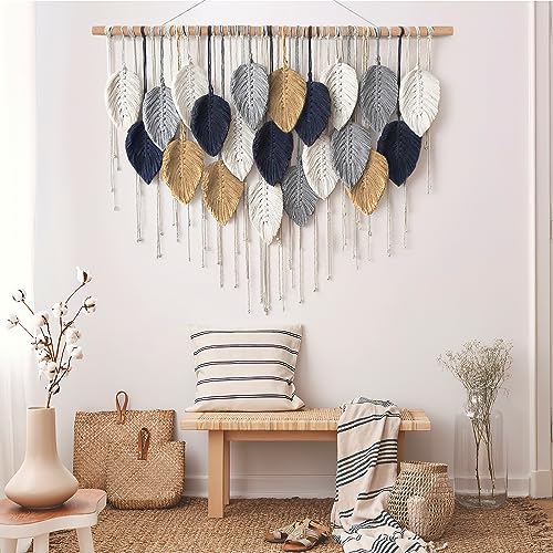 Alynsehom Large Macrame Wall Hanging, Boho Handmade Leaf Feather Bohemian Woven Tapestry, Chic Wall Art Home Decor for Bedroom Living Room Nursery Apartment Decorations(39" W x 29.5" L) - color: Dark Blue-39"W x 29.5"L