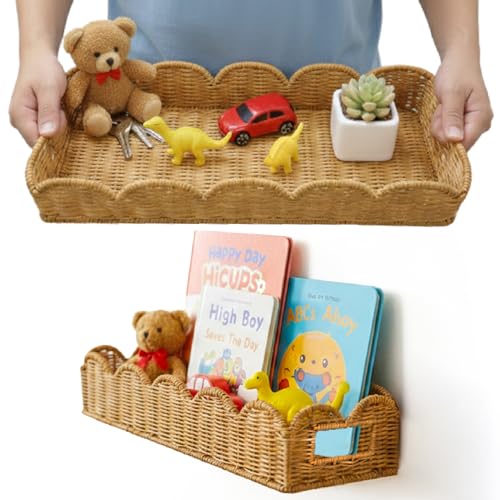 Nursery Book Shelves Set of 2 , Natural Rattan Handwoven Scalloped Floating Shelves , Wicker Rattan Nursery bookshelves, 15.8" W Wall Storage Baskets for kids,Boho , 3 in 1 Shelf ,Tray and Organizer
