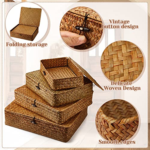 Didaey Set of 4 Seagrass Basket with Lid Wicker Storage Basket Decorative Storage Boxes with Lids Flat Storage Bins Woven Organizer Baskets for Shelf Closet Bedroom, 4 Sizes (Brown) - color: Brown