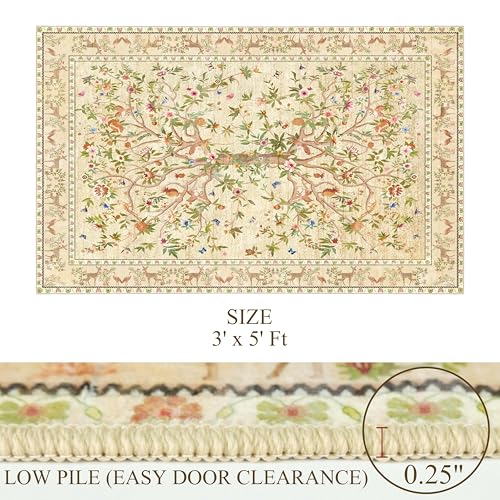 3x5 Area Rug Washable, Non-Slip Small Rug Carpet, Floral Boho Low Pile Soft Throw Rugs for Entryway, Bedroom, Kids Room, Dorm, Office, Nursery, Vintage Home Decor（Beige） - color: Beige, size: 5' x 3' (Rectangular)