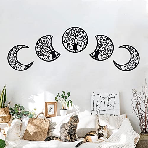 ASMANNA 5 Pcs Tree of Life Wall Art Moon Phase Wall Decor Wooden Moon Phase Wall Hanging Mandala Moon Decor Bohemian Lunar Aesthetic Art for Bedroom Living Room Dorm Apartment Office(black) - color: 2Black