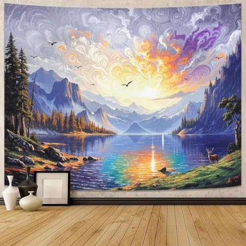 Wegklazax Sunset Lake Tapestry, Scenic Mountain Forest Wall Art for Room Decor, Vibrant Nature Home Decor 60" L x 44" W - color: White Blue, size: 60"L x 44"W