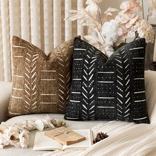 Home Décor Decorative Boho Accent Chenille Throw Pillow Covers,Textured Neutral Cozy Cushion Covers,Soft Farmhouse Pillowcase for Couch Sofa Chair Bed Living Room, 18×18 Inch, Set of 2, Black - color: Black, size: 18" x 18" (Pack of 2)