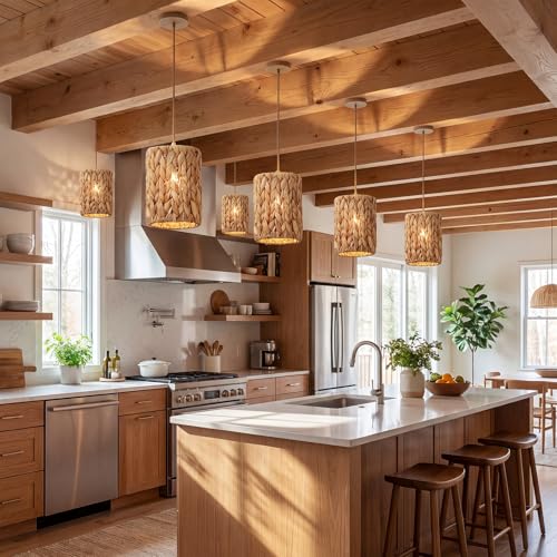 Gerrii 6 Pack Small Rattan Lamp Shades 5.91" (H) x 5"(D) Boho Woven Light Covers, Water Hyacinth Replacement Shades for Pendant Wall Ceiling Fixture, Clip on Bulb Decor