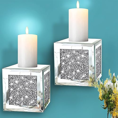 ZOLAPI Set of 2 Crystal Crush Diamond Candle Sconces, Gorgeous Silver Mirrored Wall Sconce, Candle Holder Glass Wall Decorations for Home Décor, Living Room, Dining Room. Floating Shelves - color: Silver Mirror Ｆ
