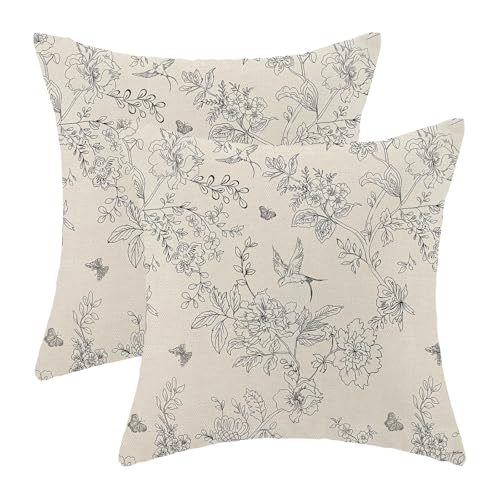 Spring Throw Pillow Covers 18x18 Set of 2, Black and White Print Linen Decorative Pillow Covers Bird Floral Outdoor Cushion Cover Vintage Flower Pillowcase for Sofa Couch Farmhouse Room - color: Spring Flower9, size: 18" x 18" (Pack of 2)