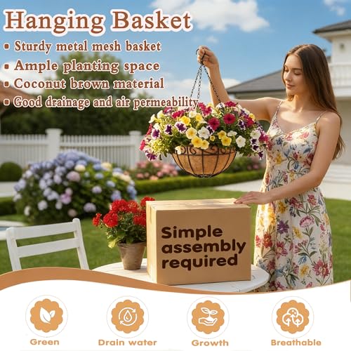 10 inch Metal Hanging Baskets For Plants Outdoor 4 Pack Round Metal Wire Hanging Basket Planter with Coco Fiber Liners Chain Round Wire Plant Holder for Garden, Patio, Deck, Porch Plants Flower Potsss - size: 10 Inch, style: Flower Border