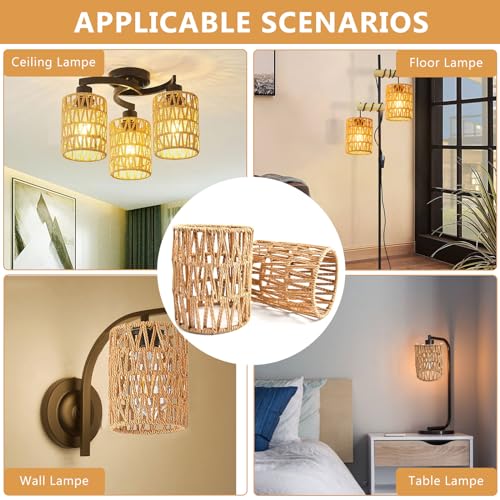 Supkiir 6 Pack Rattan Lamp Shade, Retro Small Pendant Light Shade Replacement, Boho Cylinder Wicker Woven Lampshade for Chandelier, Floor Lamps, Pendant Light, Wall Sconces Light Fixture
