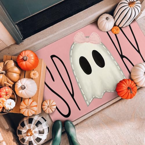 Halloween Door Mat,Spooky Ghost Pink Outdoor Mats for Front Door,Halloween Indoor Entrance Non-Slip Doormat,Halloween Entryway Welcome Rubber Mats for Front Porch Decor 30" x 17" - color: Spooky Ghost Pink Doormats