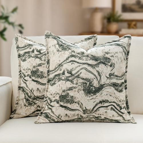 MATTINS Neutral Marble Pillow Covers 20x20 Set of 2, Modern Textured Throw Pillow Covers, Luxury Farmhouse Olive Green Pillow Cover, Boho Patterned Decorative Pillow Cover for Couch Sofa Bed Gift Pack - color: Olive Green, size: 20" x 20" (Pack of 2)