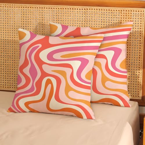 Boho Pillow Covers 18x18 Pack of 2 Retro Orange Pink Yellow Throw Pillow Covers Colorful Decorative Pillowcase Modern Abstract Aesthetic Linen Cushion Case for Sofa Couch Outdoor Decor - color: Abstract Colorful Stripe, size: 18" x 18" (Pack of 2)