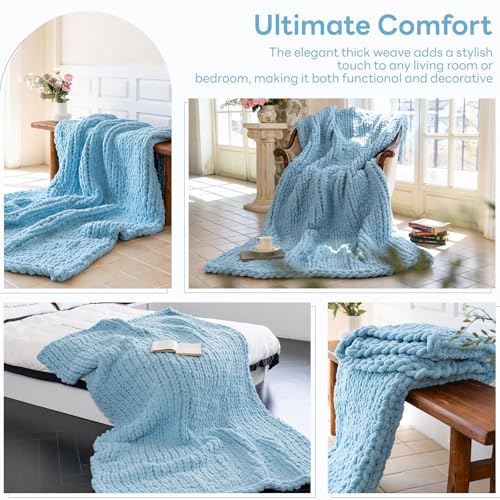 Chunky Knit Blanket - Luxury Soft Cozy 60 * 80 Throw Blanket,100% Woven Blanket Rope Knot Throw Blanket for Couch, Sofa, Home Decor, Gift - Machine Washable（Light Blue） - color: Light Blue, size: 60*80