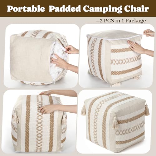 Boao 2 Pcs Unstuffed Boho Ottoman Pouf Cover 16"x16"x16" Textured Storage Cube Bean Bag Pouffe Footrest Washable Storage Bean Bag Chair Floor Pouf Covers for Living Room Bedroom Indoor(Beige,Rattan) - color: Beige, style: Rattan