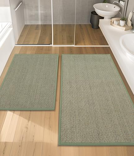 YIHOUSE Bathroom Rugs Sets 2 Pieces, Green Ultra Thin Bath Mats Fit Under Door, Absorbent Quickly Dry Rubber Backing Braided Bath Mat Set, Non Slip Washable Bath Rugs for Bathroom Floor, Green - color: Green, size: 2pieces