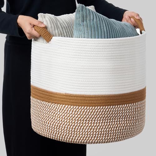 Blanket Basket (16" Dx14 H) - Round Woven Rope Storage for Living Room Throws, Pillows & Laundry- White/Jute Mixed - color: White/Jute Mixed, size: 16" X 16" X 14"