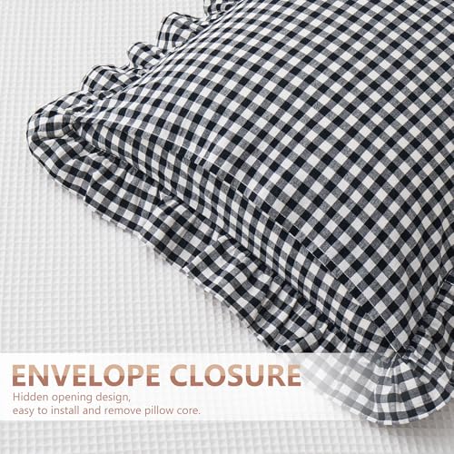 KKJIAF Ruffle Gingham Pillow Covers 26 x 26 Inches, Cotton Plaid Euro Sham Pillow Covers Set of 2, Linen Feel Ruffled Plaid Pillow Cases with Envelope Closure for Sofa Bed (Black Plaid) - color: Black Plaid, size: 26" x 26" (Pack of 2)