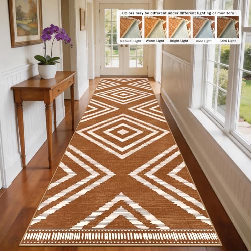 3x16ft Boho Hallway Runner Rugs Washable Non Slip, Long Brown Entryway Rug Runners Non Shedding, Geometric Kitchen Floor Carpets for Doorway Entrance Farmhouse Living Room Home Decor - color: Brown, size: 3' x 16' (Rectangular)