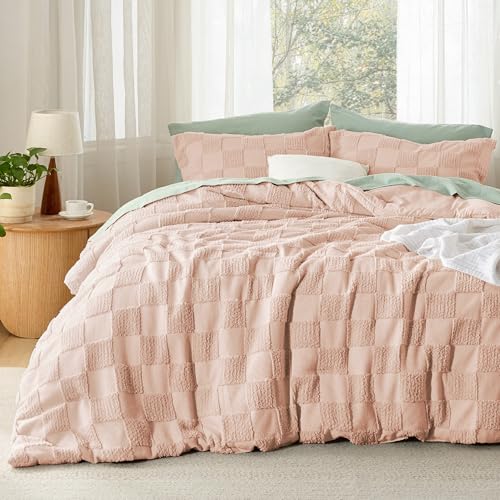 Bedsure Dusty Rose Queen Size Comforter Set, Boho Tufted Bed Set, Checkered Farmhouse-Style Distressed Vintage Bedding, 3 Pieces, 1 Plaid Geometric Comforter and 2 Pillow Shams - color: 05 - Dusty Rose - Tufted Checkboard, size: Queen