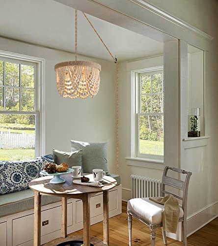 AMZASA Plug in Chandelier Boho Woven Hemp Rope Wooden Beaded Farmhosue Hanging Pendant Light Fixture with 14.8FT Cord On/Off Switch 3 Lights for Nursery Bedroom Living Room Dining Room UL Listed - color: Natural Hemp Rope