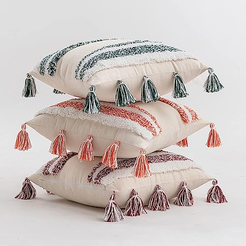 Boho Tufted Throw Pillow with Tassels, Country Thick Striped Style Soft Cushion Cover Decor wuth Zipper for Chair Bed Couch Living Room (Orange,18" x 18") - color: Orange, size: 18 x 18-Inch