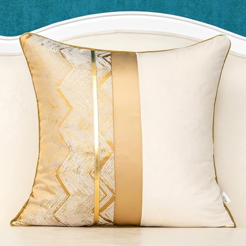 Alerfa 20 x 20 Inch Khaki White Geometric Striped Gold Leather Patchwork Velvet Cushion Case Luxury Modern Lumbar Throw Pillow Cover Decorative Pillow for Couch Sofa Living Room Bedroom Car - color: Khaki, size: 20" x 20" (Pack of 1)