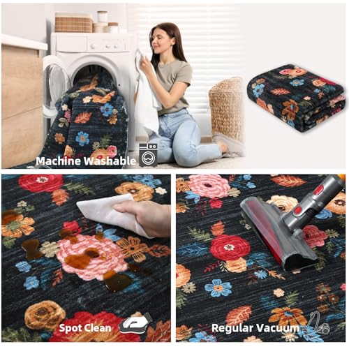 2x3 Washable Entryway Area Rugs: Floral Small Rug Non Slip Door Mat Indoor Entrance Soft Low Pile Throw Rugs for Inside Front Door Floor Bedroom Bedside Kitchen Nursery Home Office Entry - color: Black Floral, size: 2' x 3' (Rectangular)