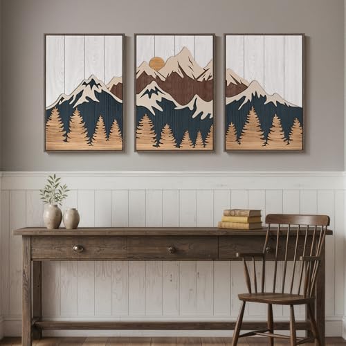 Framed 3D Wood Mountain Textured Wall Art for Living Room, 3 Piece Farmhouse Modern Wood Artwork for Walls, Landscape Mountain Forest Sun Wall Art Decor for Home Office Bedroom Hallway, 16x24 Inch - color: Neutral Blue White, size: 16" W x 24" H x 3Pcs
