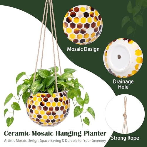 Hanging Planter Mosaic Garden Pot Small Flower Pot for Indoor Plant Disco Ball Hanging Planter with Drainage Yellow Bee - color: Yellow