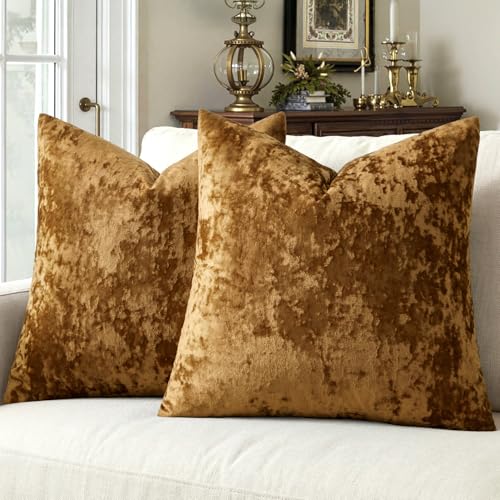 MIULEE Velvet Throw Pillow Covers Set of 2, Soft Neutral Decorative Pillow Cases with Luxurious Textured Vintage Cushion Covers for Home Decor Couch Sofa Bed, Golden Brown 18x18 inch - color: Golden Camel, size: 18" x 18" (Pack of 2)