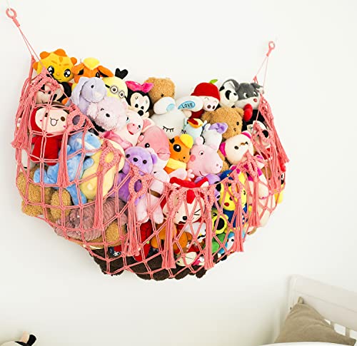 Large Stuffed Animal Net or Hammock for Flat Wall Mounted Handmade Macrame Toy Hammock Plush Display (Pink) - color: pink, size: 60" W