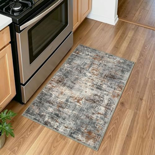 Lansny Abstract Small Area Rug 2x3 Entryway Rugs Washable Door Mat Entrance, Non Slip Kitchen Rugs, Rubber Backed Throw Rug Printed Faux Wool Floor Carpet for Front Door Foyer Entry Sink, Grey/Multi - color: Orange Grey Multi, size: 2' x 3' (Rectangular)