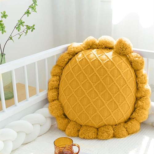 Acrylic Knitted Round Throw Pillow Knitting Bohemian Circular Cushion Pillow with Knit Handmade Pompoms Decorative Ginger Yellow, Diameter 18inches - color: Ginger Yellow