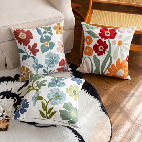 YIcabinet Pack of 2 Throw Pillow Covers,Embroidered Floral Pillow Case Soft Square Decorative Pillowcases for Home Sofa Couch 18x18 Inch - color: White03