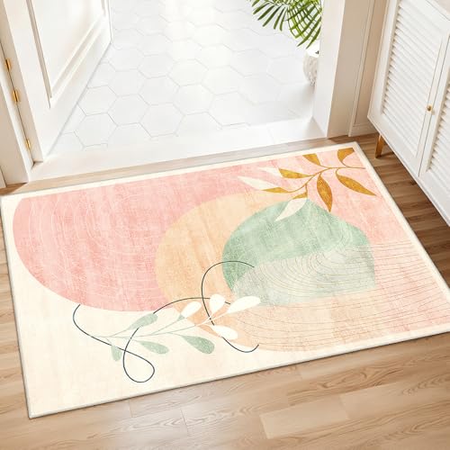 MUJOO 2x3 Washable Rug Small Area Rugs for Entryway Kitchen Bedroom,Boho Non Slip Throw Carpet for Bathroom Entrance Door Mat Mid Century Modern Abstract Botanical Geometric Accent Pink - color: Pink（modern）, size: 2' x 3' (Rectangular)