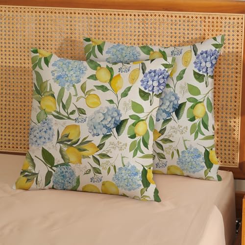 Blue Yellow Pillow Covers 16x16 Inch 2 Pcs Blue Hydrangea Floral Decor Throw Pillows Vintage Lemon Flower Seasonal Summer Outdoor Decoration Pillowcase Linen Cushion Cover for Couch Sofa - color: Blue Yellow Hydrangea Lemon Flower, size: 16" x 16" (Pack o