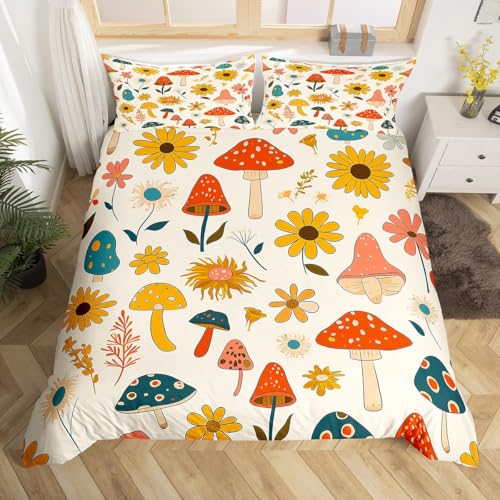 Castle Fairy Retro Mushroom Flowers Duvet Cover Set King Size,70s 60s Groovy Comforter with 2 Pillowcases,Vintage Boho Plant Floral Modern Bedding for Adult Young Bedroom Xmas Gift - color: Multi 07, size: King 104"x90"