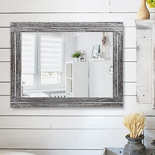 AAZZKANG Rustic Mirror Wood Framed Wall Mirrors Large 20"x16" Rectangle Decorative for Bedroom Bathroom Farmhouse Living Room Home Entryway - color: Dark Gray, size: 20"L x 16"W