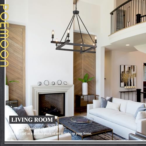Rustic Black Farmhouse L45'' Wood Chandelier Unique Square 6-Light Candle Long Ceiling Pendant Lighting for Kitchen Living Dining Room Foyer Bedroom High Ceiling,E12 - color: Black, size: 45 inches