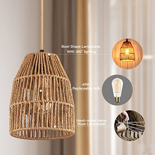 Plug in Pendant Light, Hanging Lights with 15ft Golden Cotton Cord & Stepless Dimming Switch, Handwoven Hemp Rope Lampshade, Boho Hanging Lamp for Bedroom,Hallway (Bulb & 2 Swag Hooks Included) - color: Rattan 7.1"