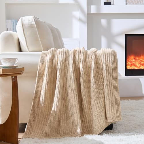 Chunky Knit Beige Throw Blanket for Couch Soft Cozy Thick Cable Knitted Throw for Sofa Bed Cute Decorative Blanket for Living Room,50"x 60",Ginger Beige - color: Ginger Beige, size: 50"x 60"