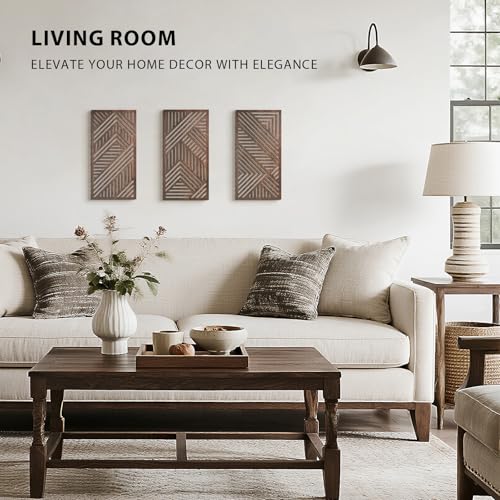VIYYIEA Boho Solid Wood Carved Wall Art Set of 3, Geometric Minimalist Wooden Home Decor Panels, Handcrafted Solid Wood Wall Hanging for Living Room Bedroom Hallway, 16 x 8 Inch Each (Sunset Brown) - color: Sunset