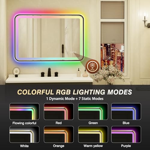 24x36 Inch Black Framed LED Bathroom Mirror with Lights,Smart Bathroom Mirror,RGB,Anti-Fog,Stepless Dimmable & 3 Colors,Memory,Vanity Mirror for Wall - color: Black-rgb, size: 24"L x 36"W