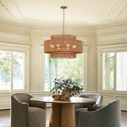 31" Large Gold Rattan Chandelier, 8-Light Hand-Woven 3-Tier Drum Wicker Light Fixture, Boho Vintage Farmhouse Pendant for Dining Room Kitchen Living Room Bedroom Foyer - color: gold 30.5"
