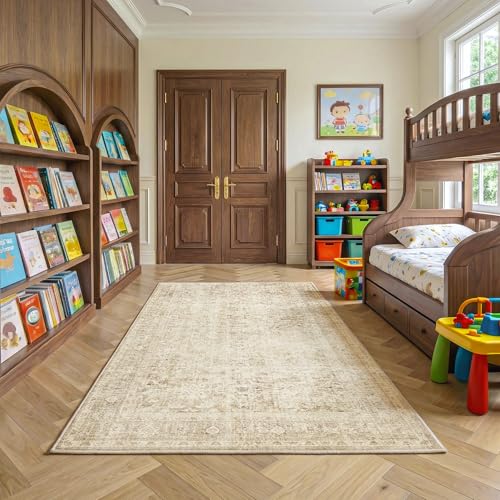 Fmfunctex 4x6 Washable Area Rug Beige Neutral Vintage Distressed Oriental Non Slip Low Pile Traditional Indoor Carpet for Living Room Bedroom Soft Retro Mat Rug for Dining Office Kitchen Dorm Entryway - color: Beige, size: 4' x 6' (Rectangular)