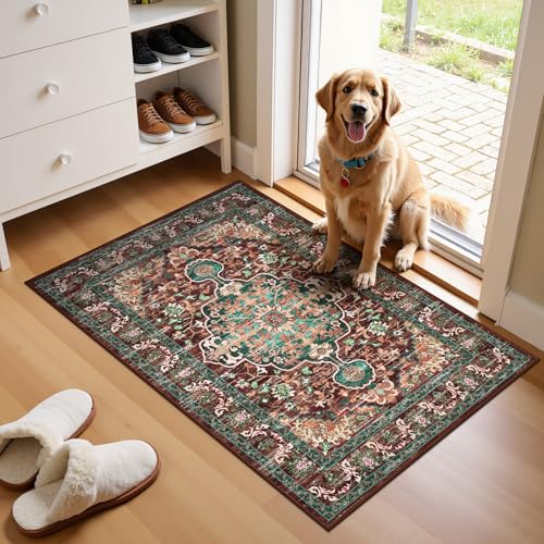U'Artlines 2x3 Washable Boho Area Rug, Small Non Slip Vintage Doormat for Indoor Front Door Ultra Thin Mat Carpet for Entryway Kitchen Bathroom Bedroom Rust＆Teal - color: Rust＆teal, size: 2' x 3' (Runner)