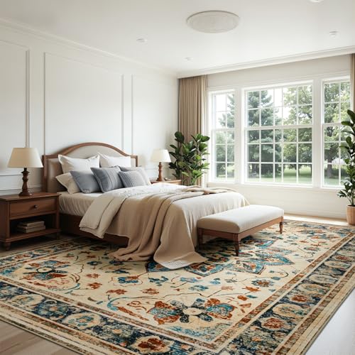 Joydeco 8x10 Area Rugs for Living Room, Non Slip Machine Washable Vintage Rug, Low Pile Chenille Print Rugs for Bedroom, Dining Room, Home Office, Pet & Child Friendly, Beige & Blue & Reddish-Brown - color: Beige&blue&reddish-brown, size: 8' x 10' (Rectan