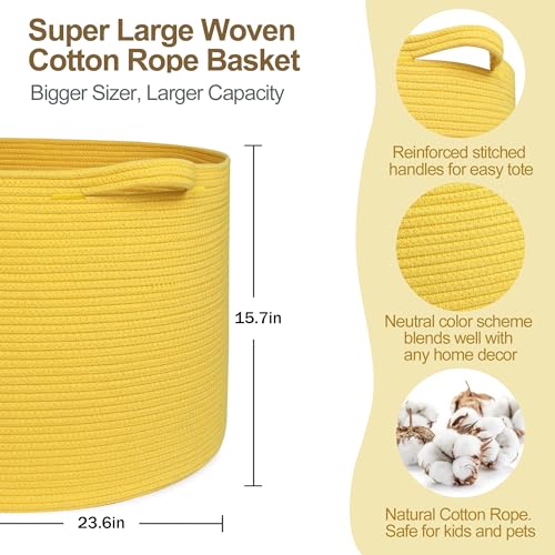 MEGASKET Extra Large 115L Yellow Basket, 23.6" x15.7 Cotton Rope Yellow Decor for Living Room Bedroom, Woven Basket for Blanket, Laundry, Towel, Shoe, Kids Toy Box Organizer, Room Decor Storage Bin - color: Yellow, size: 23.6"x23.6"x15.7"